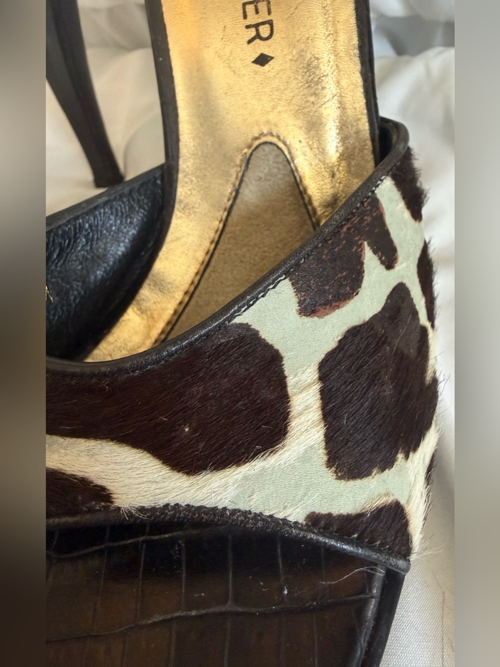 Vintage Donald J Pliner Calf Hair Giraffe Print Platform Mule Heel 6.5 Italy Y2K - Picture 4 of 16